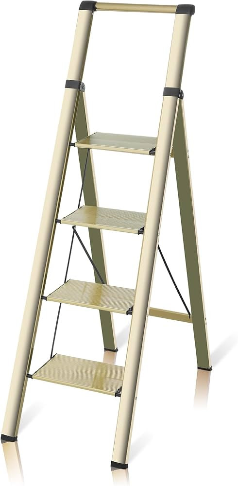 4 Step Ladder, Gold Aluminum Folding Ladder Stool, Wider Upgraded Non-Slip Treads, Portable Light... | Amazon (US)