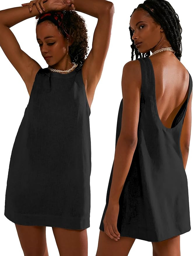 VIUTIL Womens Summer Linen Mini Dress Boat Neck Low Back Sleeveless Tank Dresses with Pockets 202... | Amazon (US)
