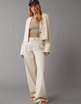 AE Linen-Blend Cropped Blazer | American Eagle Outfitters (US & CA)