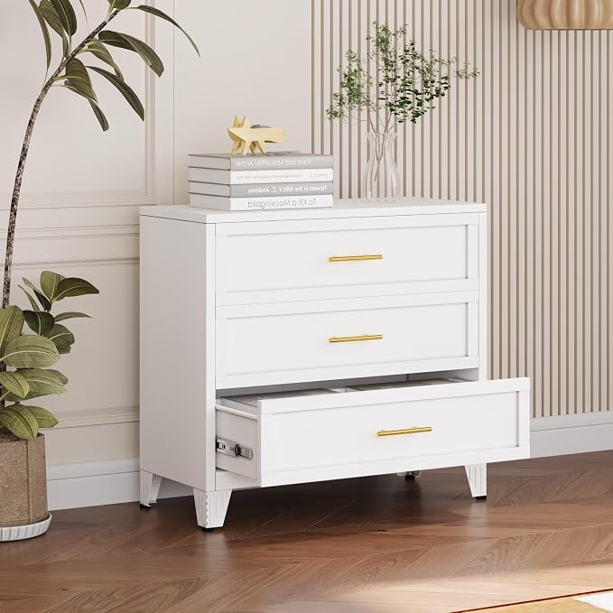 34.25" Tall Metal Dresser for Bedroom, 3 Drawer White File Cabinet with Gold Handles, Dressers Ch... | Amazon (US)