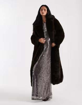4th & Reckless faux fur oversized belted maxi coat in chocolate | ASOS (Global)