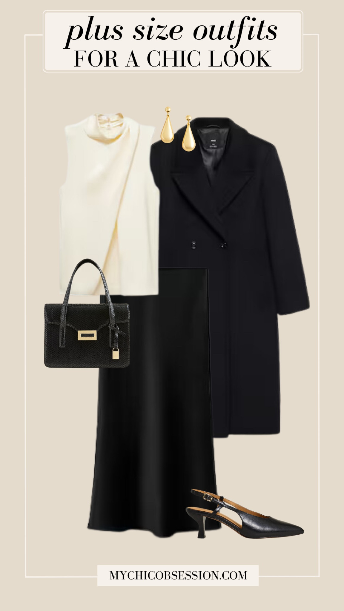 Style the perfect look for your next holiday party. Pair a cream satin top with a top coat, a black midi skirt, and slingback heels.

#LTKHoliday #LTKPlusSize #LTKStyleTip