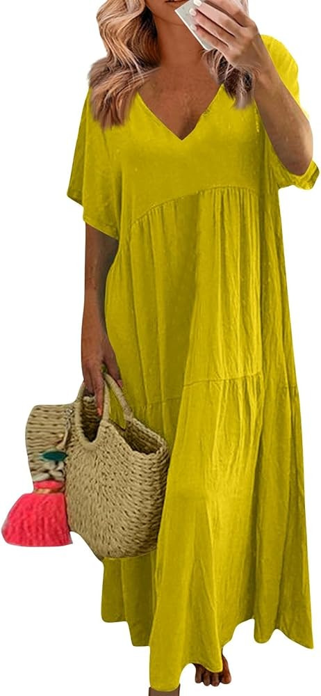 Linen Dress Women Summer Short Sleeve V Neck Plus Size Maxi Dress Casual Flowy Loose Long Vacatio... | Amazon (US)