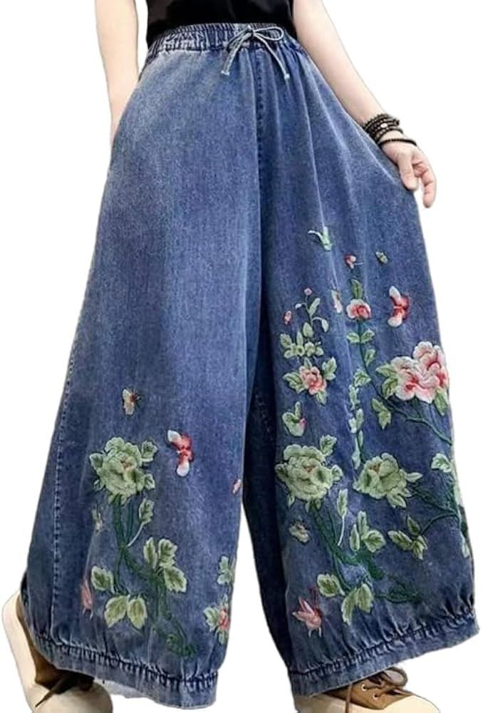 Womens Casual Loose Cropped Jeans Wide Leg Denim Pants Vintage Pants Harem Trousers Elastic Waist... | Amazon (US)