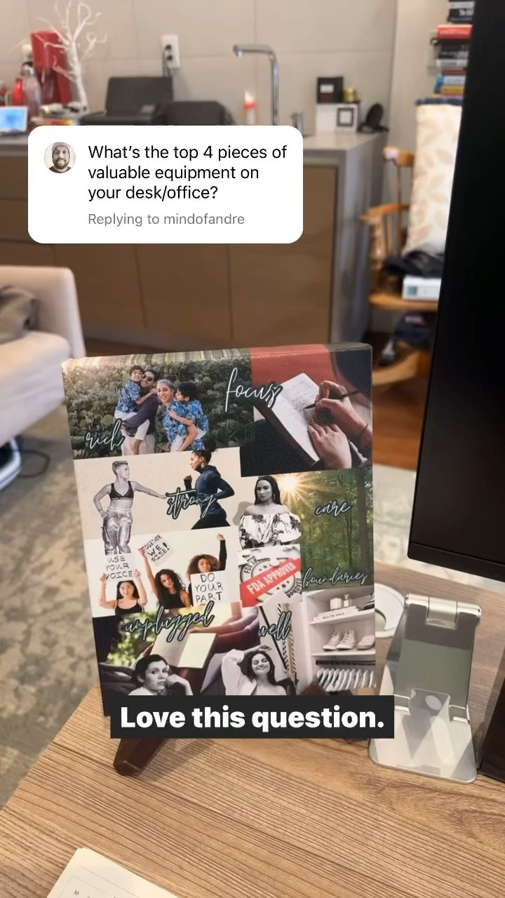 Aside from the usual items (computer and monitor), these are the 4 (okay, 5) essentials that help me stay focused while I work:
1. My vision board. I made mine and had it printed directly from @canva, and it helps me stay focused on MY big picture when my mind begins to wander. I’ve also had really good experiences with @canvasondemand.
2. My time cube. Even though I use the @forest_app on my phone, I keep it face down when I’m in a focused work session and prefer to use the time cube to see how much time I have left in my block.
3. This large @moleskine notebook, where I have my weekly brain dump (I do the week’s to-do list on a Sunday and block off the tasks in my calendar, but I like to keep the week’s plan out so I can cross off tasks as I finish them and add new ones as they come up).
4. I don’t know what it is about @hotellobbycandle’s Spa scent, but it locks me into focus mode. My workday starts with turning on the candle lamp and ends with turning the lamp off. Because it’s winter, I also have my seasonal affective disorder lamp and keep it on during the first few hours of my workday.
What are your desk essentials to stay focused?

#LTKfindsunder50 #LTKhome #LTKworkwear