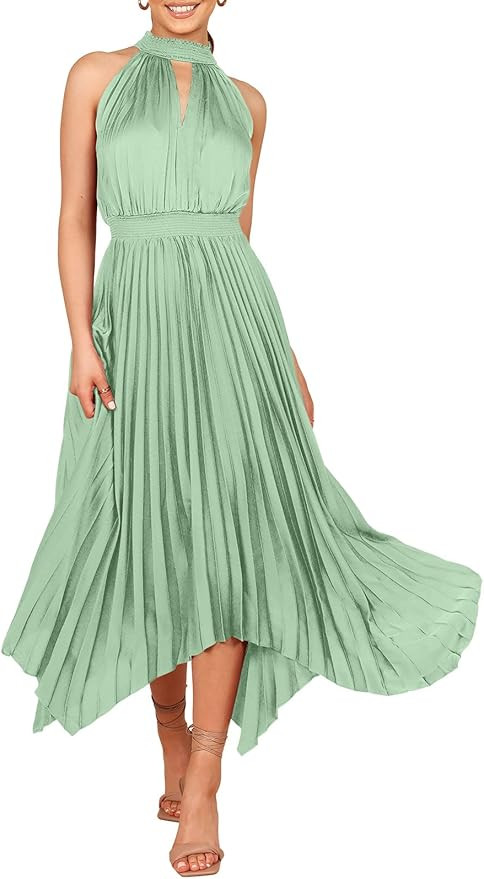 ANRABESS Women's Sleeveless Cutout Halter Neck Satin Formal Dress Smocked Pleated Asymmetric Part... | Amazon (US)