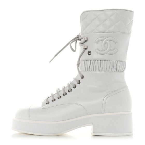 Lambskin Quilted Lace Up Combat Boots 36.5 White | FASHIONPHILE (US)