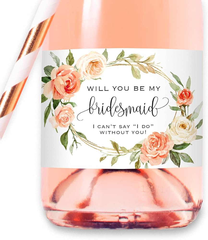 Set of 12 Peach Floral Wreath Bridesmaid Proposal Mini Champagne Bottle Labels, WATERPROOF Polyes... | Amazon (US)