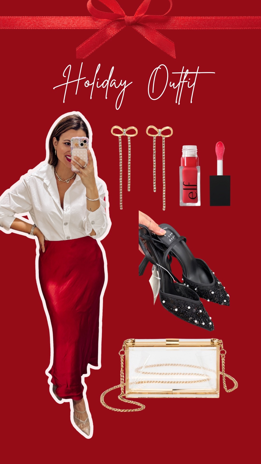 Holiday outfit idea with pops of red! I paired a long sleeve button down top with a satin skirt! Add embellished heels, accessories with gold details, and a red lip to top it all off! My entire look is from Target!

#LTKootd #LTKBeauty #LTKHoliday
