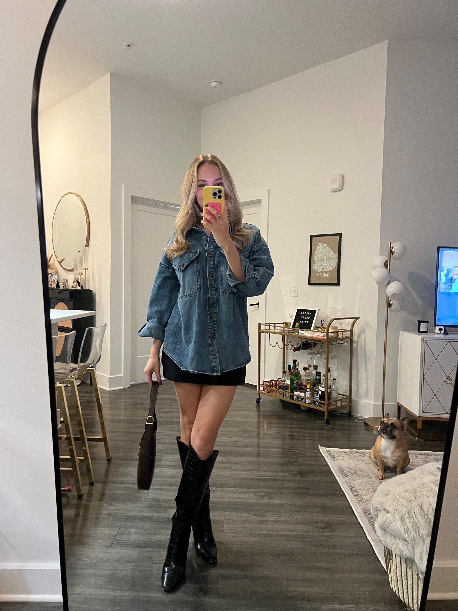 Denim shacket, black skort, black knee high boots, brown shoulder bag fall outfit 

#LTKFindsUnder50 #LTKStyleTip #LTKFindsUnder100