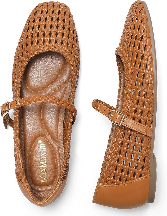 MaxMuxun Ballet Flats for Women Square Toed Mary Jane Flat Comfortable Woven Dressy Shoes | Amazon (US)