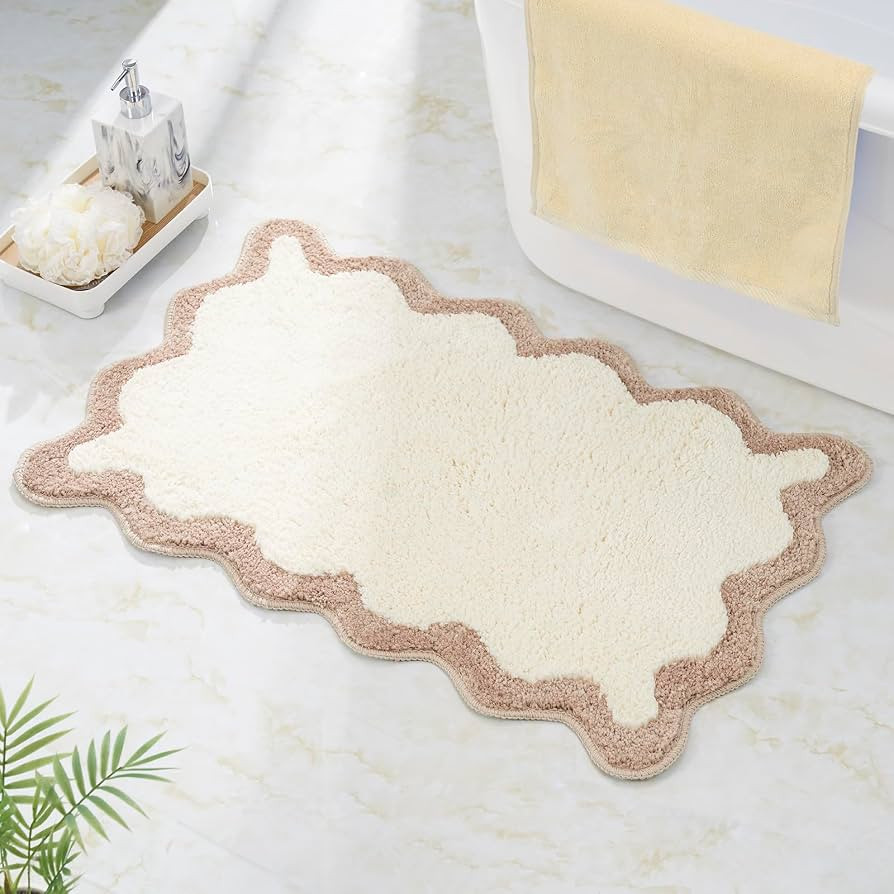 Luxury Cute Bathroom Rugs, Boho Bath Mat W/Beige Sand Scalloped Edge, Microfiber Aesthetic Trendy... | Amazon (US)