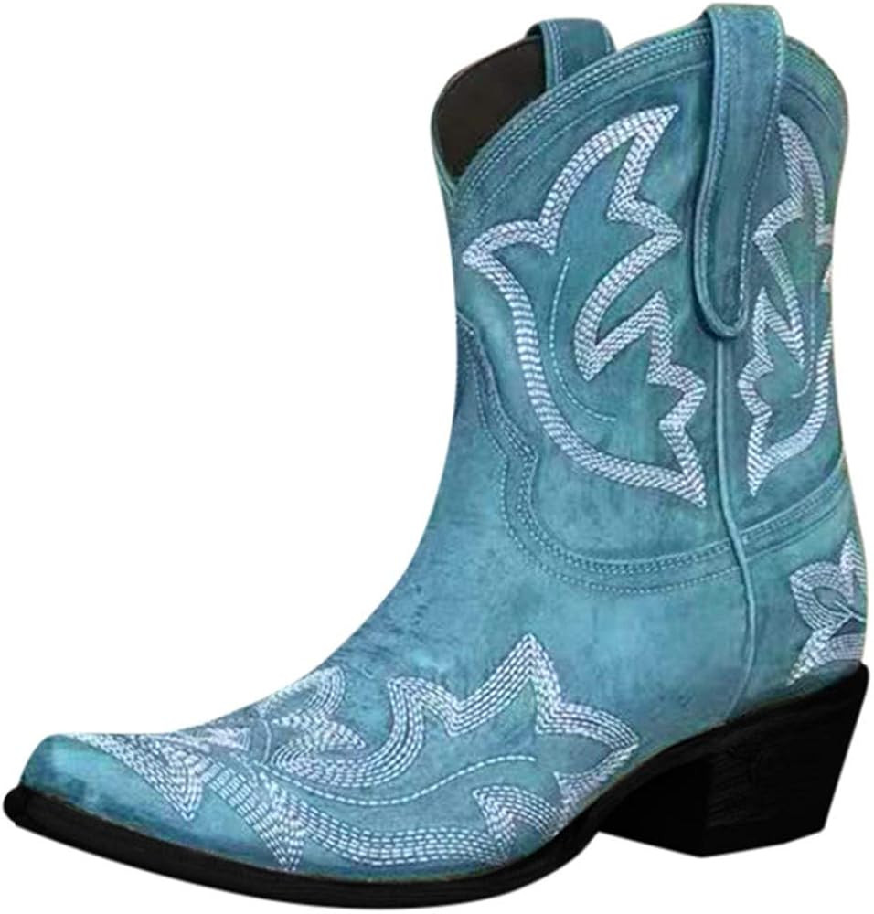 AODONG Cowboy Boots for Women Square Toe Women Cowgirl Boots Leather Retro Ankle Boots Embroidered W | Amazon (US)