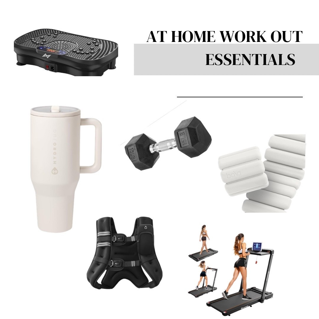 Home work Out essentials 💪🏼

•free weights 
•weighted vest 
• walking pad 
•Jiggler 
•ankle/ wrist  weights 
•hydro jug ( my fav water bottle ever ) 

#LTKfitnessgoals #LTKActive #LTKselfcare