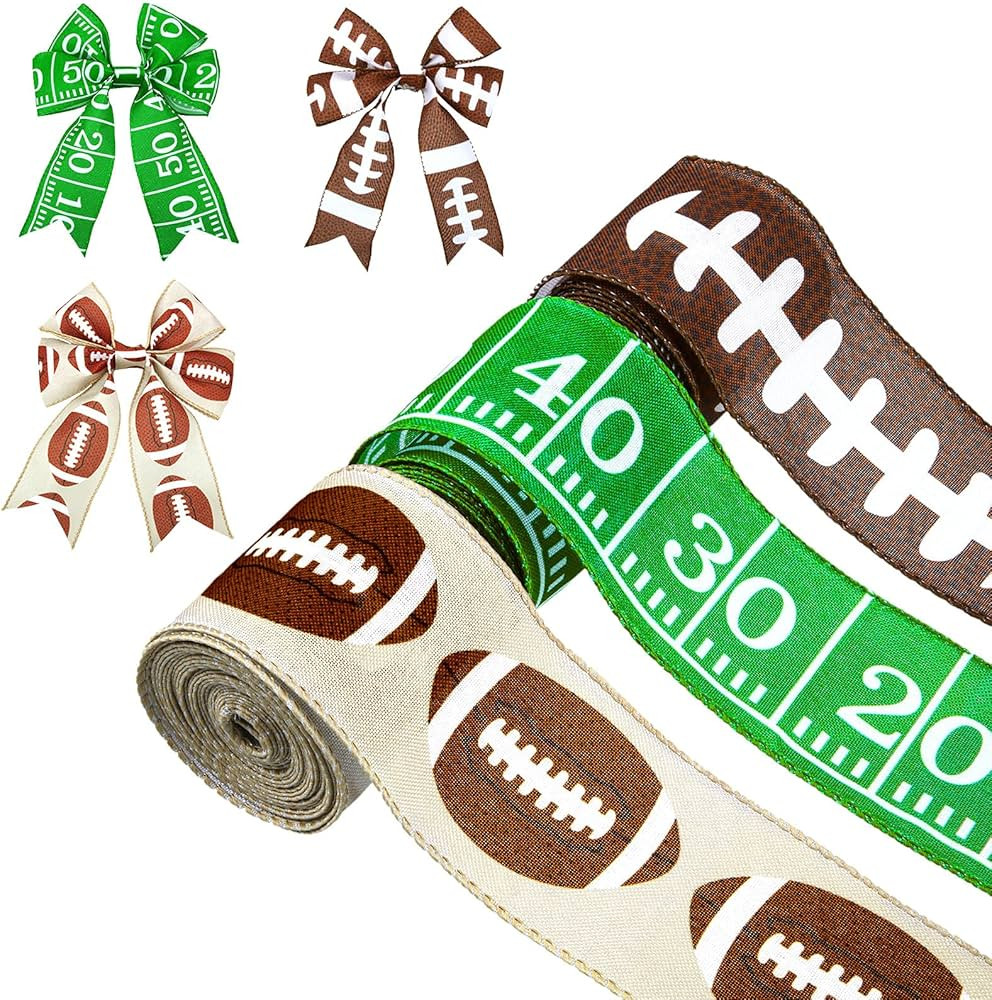 3 Rolls Football Wired Edge Ribbon 2.5 Inch x 6.6 Yard Sport Wired Ribbon Grosgrain Sports Fabric... | Amazon (US)