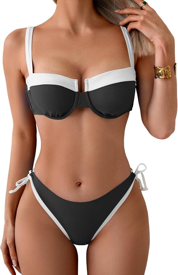 Eomenie Bikini Set for Women Underwire Push Up Two Piece Bathing Suit Color Block Swimsuit Swimwe... | Amazon (US)