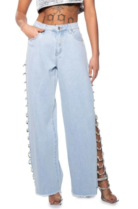 COVERED IN DIAMONDS RELAXED JEANS in light blue denim | AKIRA
