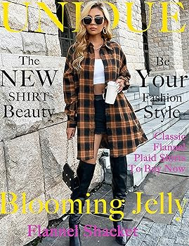 Blooming Jelly Women's Button Down Flannel Shirts Plaid Shacket Long Sleeve Collared Long Jacket ... | Amazon (US)