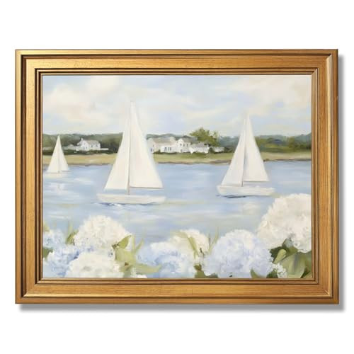 Licpach Grandmillennial Preppy Coastal Wall Art Nautical Sailboat Blue White Floral Canvas Print Vintage Seaside Beachy Cottagecore Decor Posters forBathroom Bedroom Aesthetic 16X24inch Golden Frame | Amazon (US)