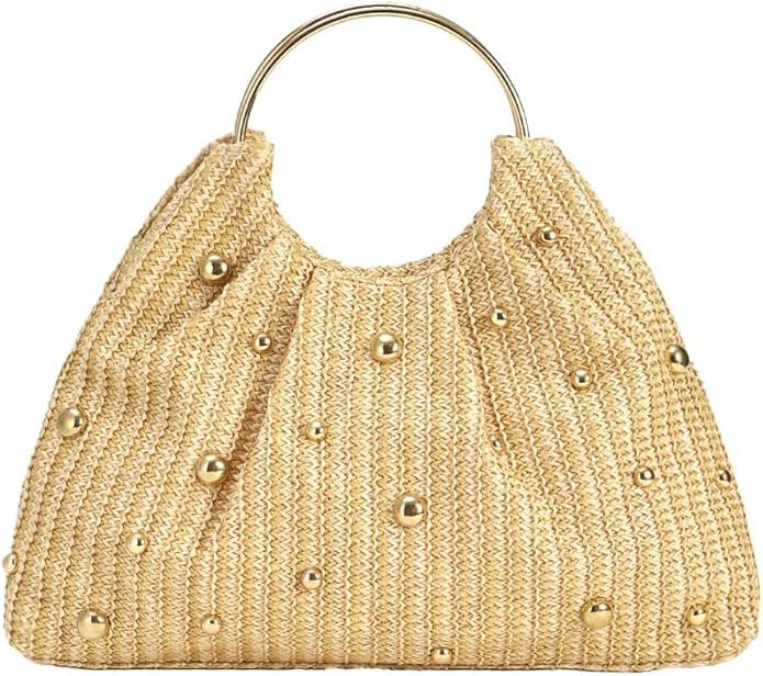 Trendy Straw Clutch Purse for Women Round Handheld Evening Handbag Exquisite Metal Beaded Bag Par... | Amazon (US)