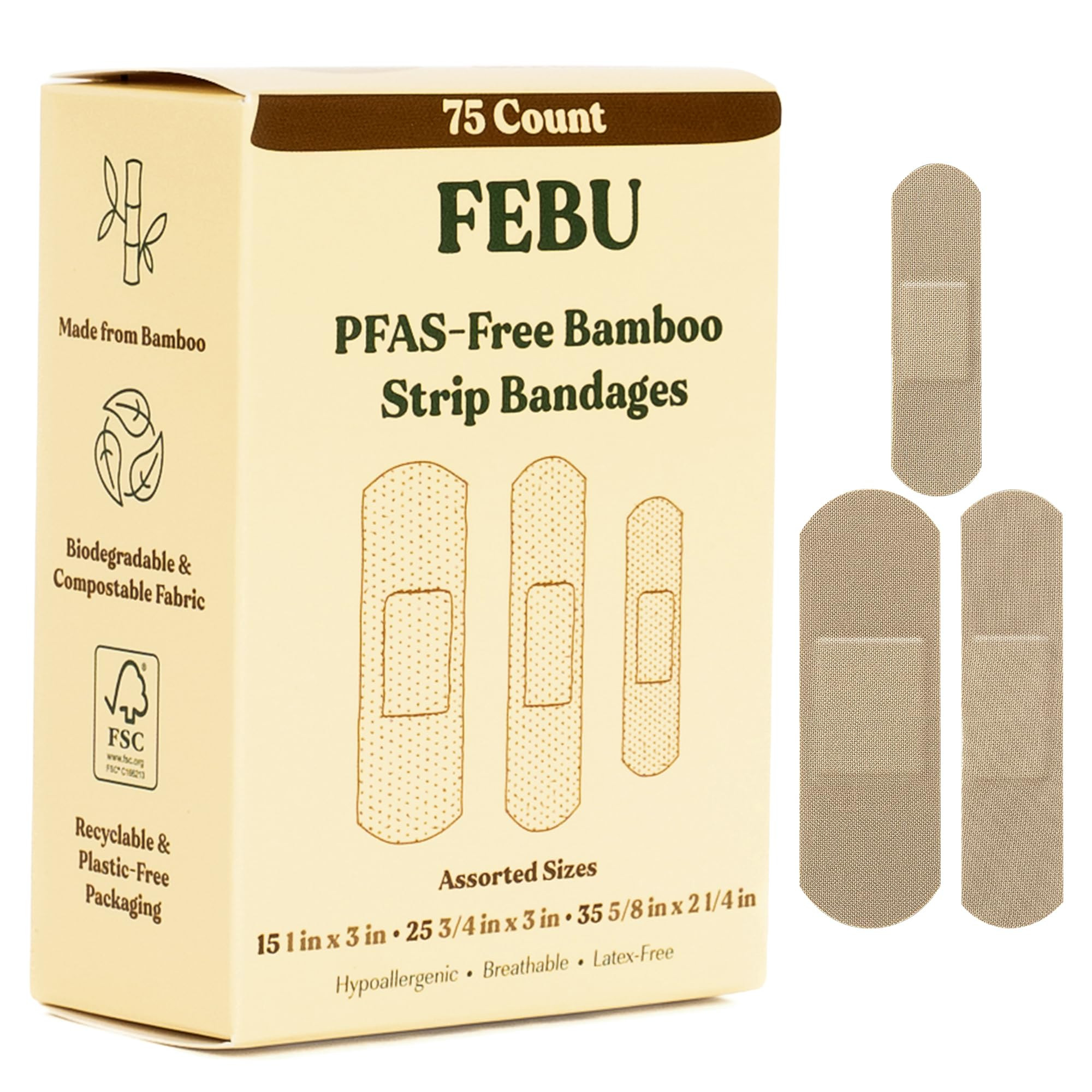 FEBU Eco-Friendly Bamboo Fabric Bandages | PFAS Free Flexible Fabric Bandages | Natural Hypoaller... | Amazon (US)