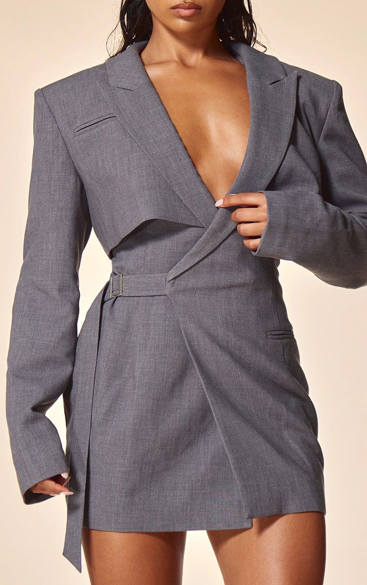 PLT Label Charcoal Tie Side Detail Blazer Dress | PrettyLittleThing US