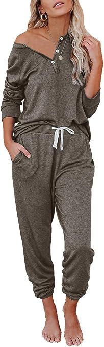 AUTOMET Women Sweatsuit Sets 2 Piece Long Sleeve Button up Pullover and Drawstring Sweatpants Lou... | Amazon (US)