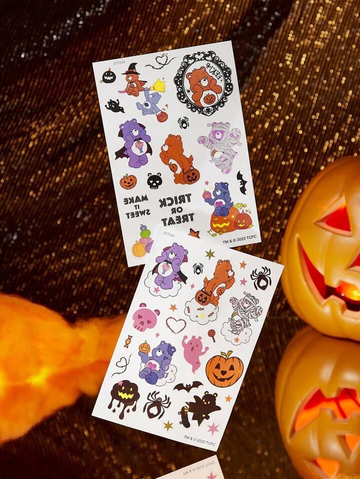 SHEIN X Care Bears 2pcs/set Halloween Glow In The Dark Tattoo Sticker With Bear & Heart Design | SHEIN