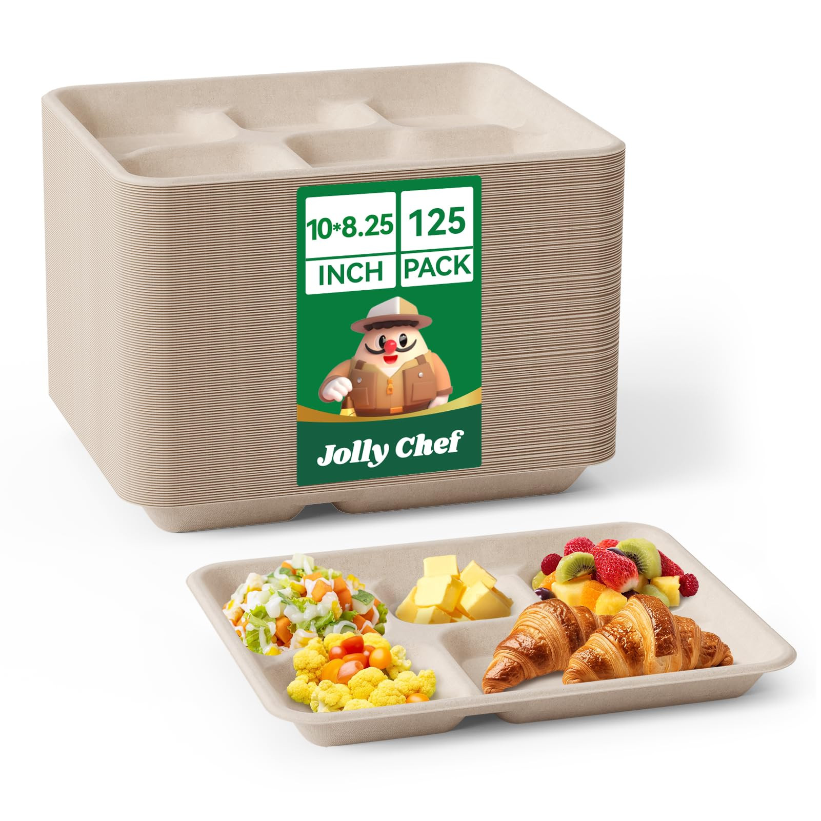 JOLLY CHEF Compostable 5 Compartment Paper Plates 10 * 8.25 * 1 inch [125 Pack] Small Heavy Duty Divided Disposable Eco-Friendly Biodegradable Containers Food Trays for School Lunch (Brown) | Amazon (US)