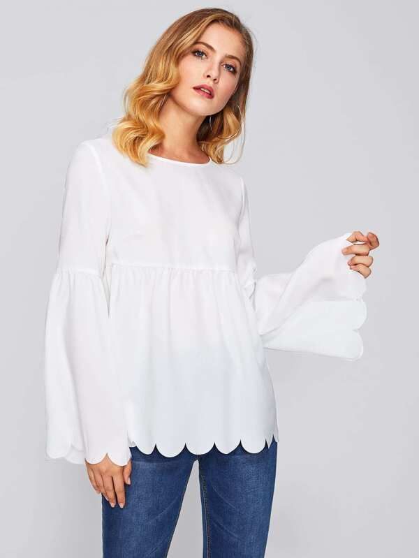 Scallop Edge Bell Sleeve Smock Top | SHEIN