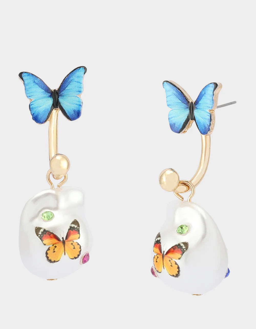BETSEYS BACKYARD BUTTERFLY PEARL BARBELL EARRINGS BLUE Women's Pearl Butterfly Drop Earrings | Betsey Johnson