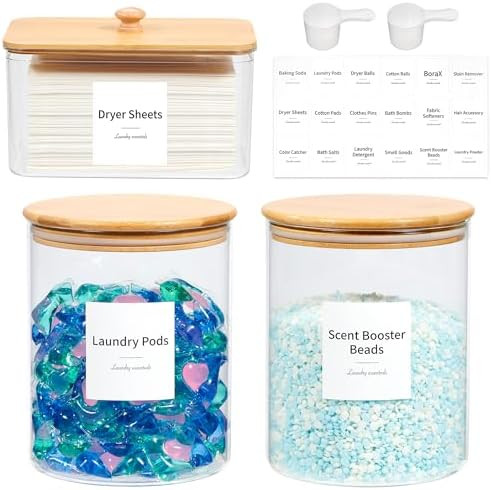 Glass Laundry Pods Container & Acrylic Dryer Sheet Holder with Bamboo Lids, Scoops & Labels | Pre... | Amazon (US)