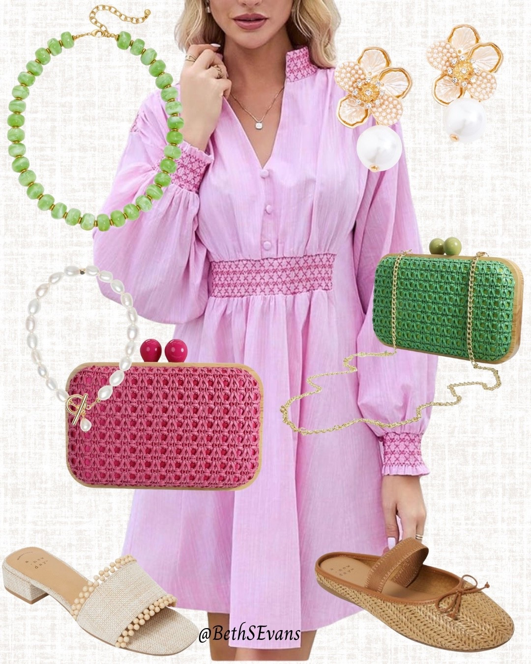 I love a pink and green combo but this could just as easily be paired with pearls or gold accessories for different looks. Light and comfortable, this dress, which comes in two other colors, will take you through all the events and vacations of spring and summer! 

#LTKSeasonal #LTKTravel #LTKWorkwear