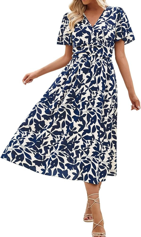 Women's Midi Dress Short Sleeve Shirred Bodice Floral Dress for Fall Party Beach Casual Skirts fo... | Amazon (US)