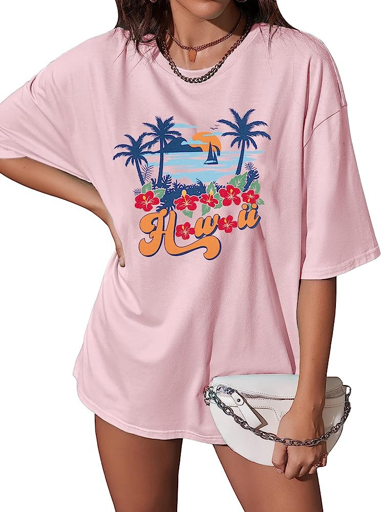 Womens Hawaiian Oversized T Shirts Vintage Aloha Oversized Tshirts Hibiscus Flower Tee Tops Summe... | Amazon (US)