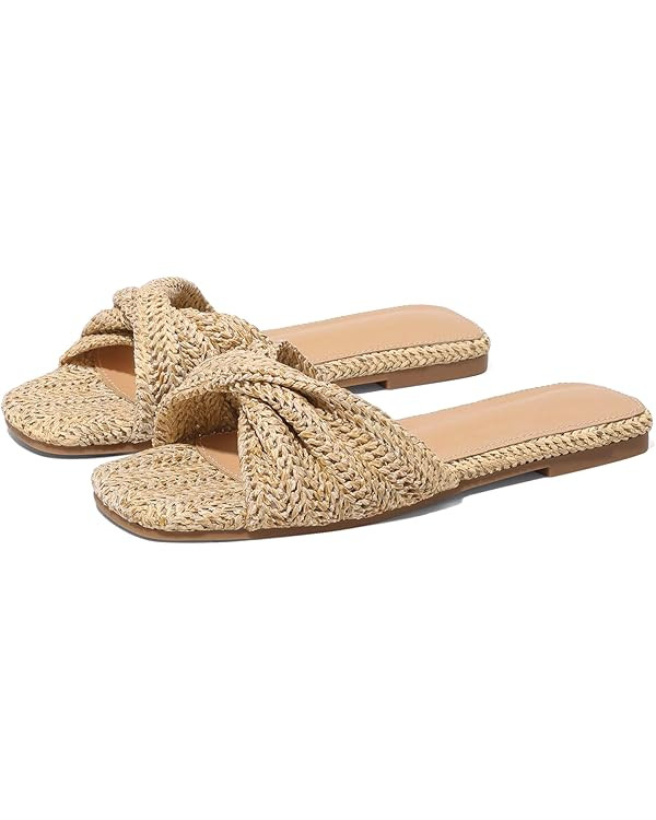 EQAUDES Raffia Flat Sandals for Women Straw Woven Braided Twist Slip On Slides - Summer, Open Toe... | Amazon (US)