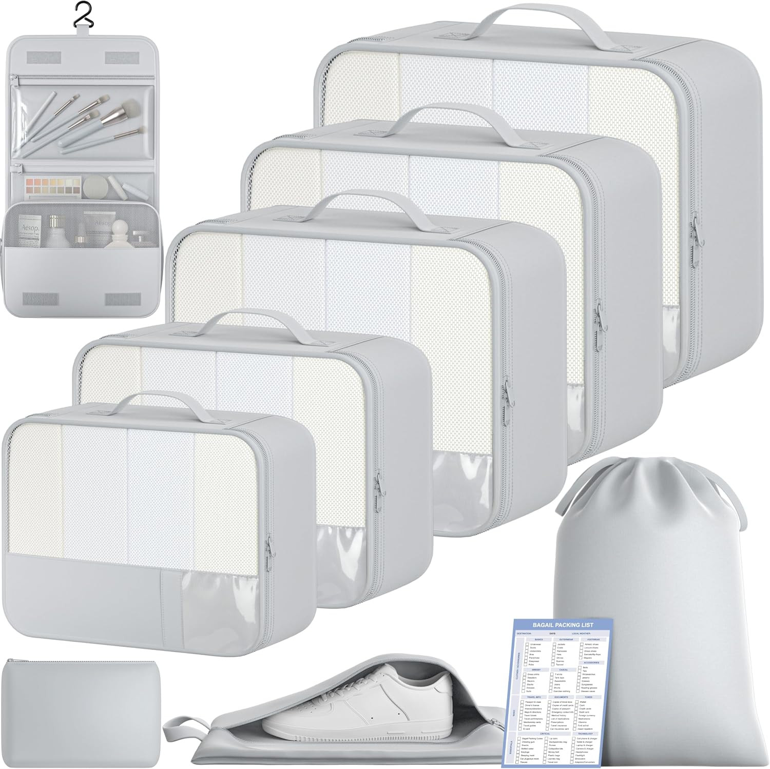 BAGAIL 9 Set Packing Cubes with Packing List Luggage Packing Organizers for Travel Accessories (Light Grey) | Amazon (US)