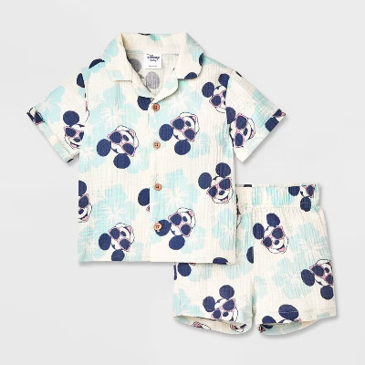 Baby Boys' 2pc Disney Mickey Mouse Woven Gauze Button-Up Top & Shorts Set - Blue | Target