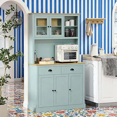 Pantry Storage Cabinet With Adjustable Shelves, Freestanding Kitchen Buffet With Hutch, Drawers And Glass Doors | Wayfair North America