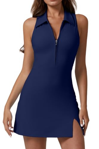 QINSEN Athletic Dress with Pockets Zip Front Polo Neck Tennis Dresses with Build in Shorts Navy Blue M | Amazon (US)