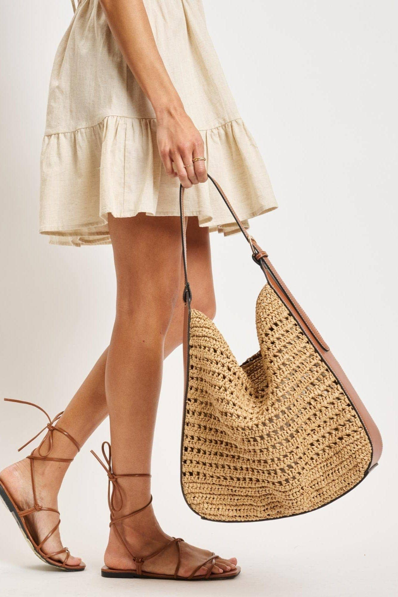 2 in 1 Savannah Straw Hobo Tote Bag With Pouch - Tan | Linen & Clove