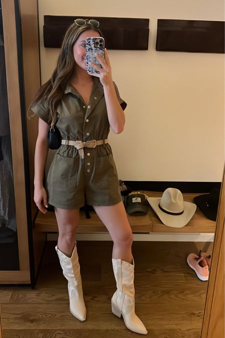 Western cowgirl attire- size up in the romper and size up a half size in the boots 