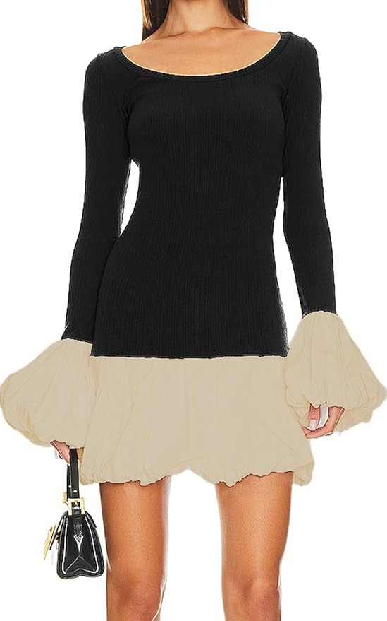 Women's 2024 Fall Dress Sexy Crew Neck Puffy Long Sleeve Bubble Party Club Bodycon Mini Dresses | Amazon (US)