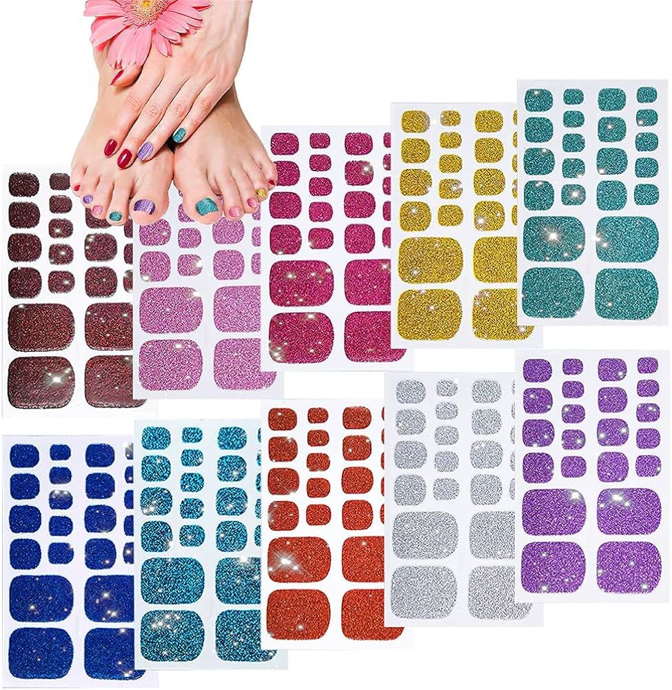 10 Sheets Toe Nail Polish Stickers Glitter Toenail Nail Polish Strips Decals Full Wraps Self Adhe... | Amazon (US)