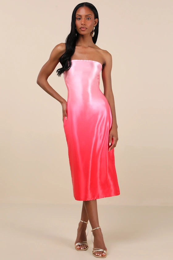 Indescribable Poise Pink Ombre Satin Strapless Midi Dress | Lulus