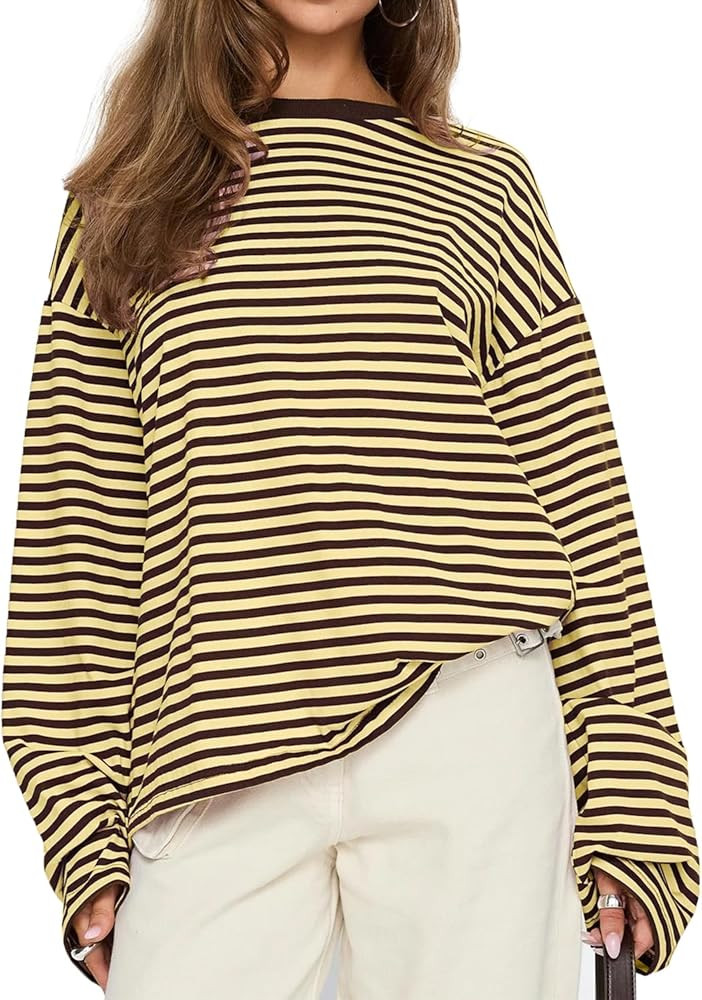 CHYRII Women Oversized Striped Long Sleeve T Shirt Fashion 2026 Crewneck Casual Fall Spring Tops ... | Amazon (US)