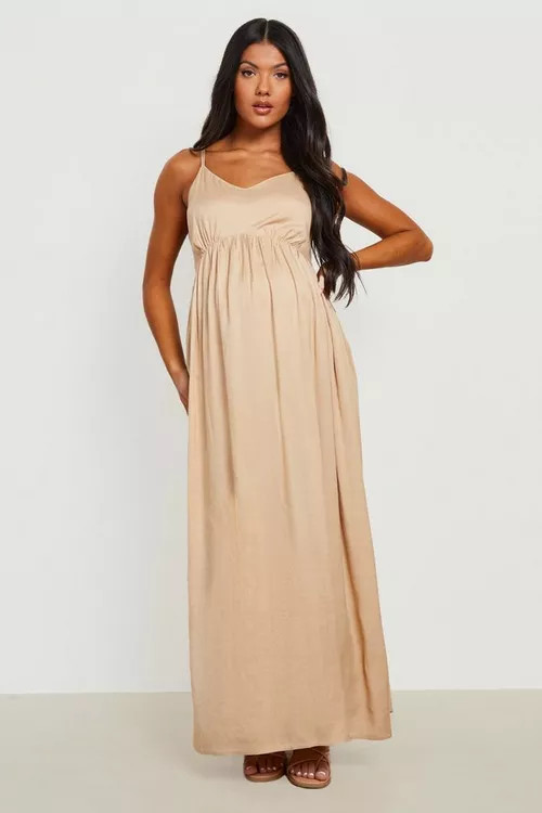 Maternity Linen Bow Back Maxi Dress | Boohoo.com (US & CA)