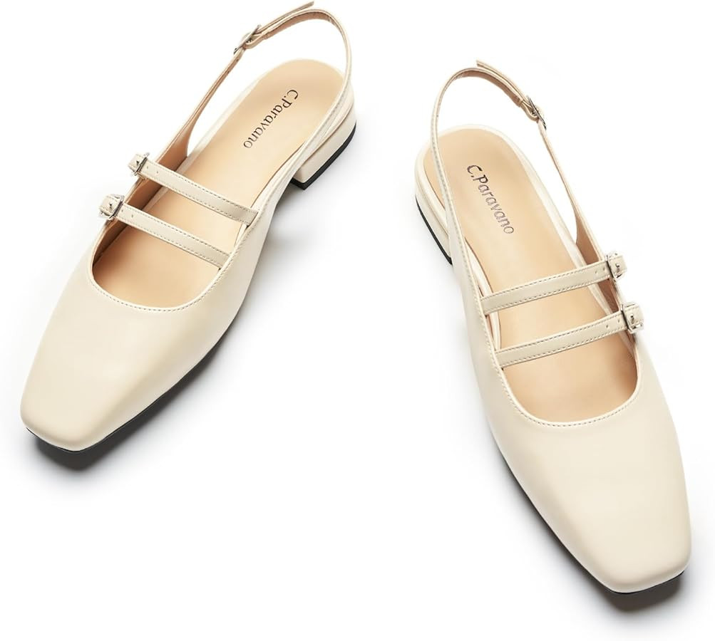 C.Paravano Slingback Flats for Women | Mary Jane Flats | Womens Sandals | Square Toe Shoes | Amazon (US)