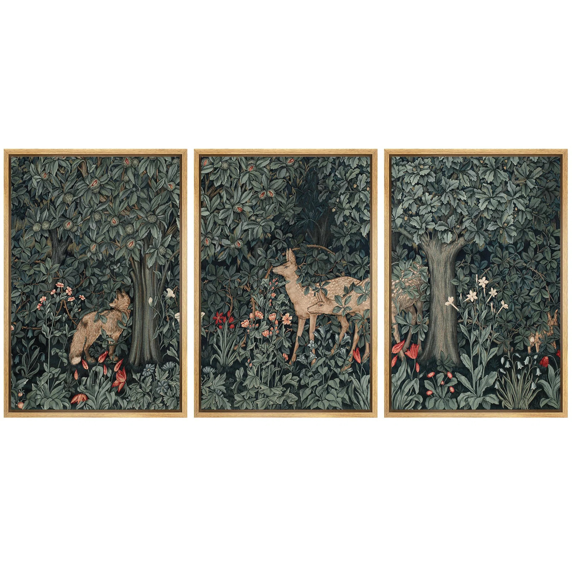 Forest Deer & Fox In Woodland Nursery Decor - Framed Canvas Kid's Bedroom Wall Art 3 Pieces Print | Wayfair North America