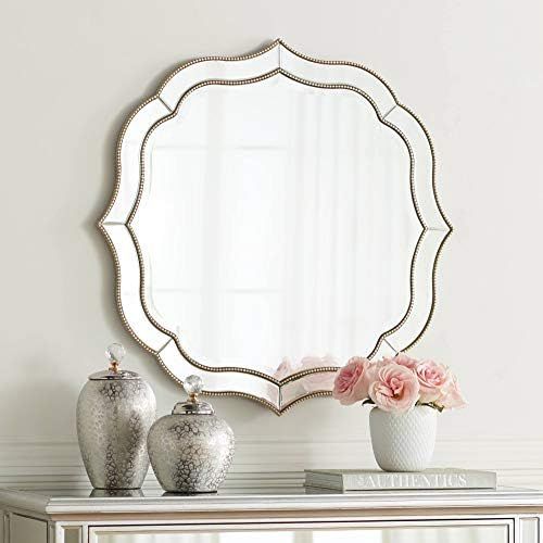 Noble Park Laureen Scalloped Round Vanity Decorative Wall Mirror Modern Champagne Frame Beaded Tr... | Amazon (US)